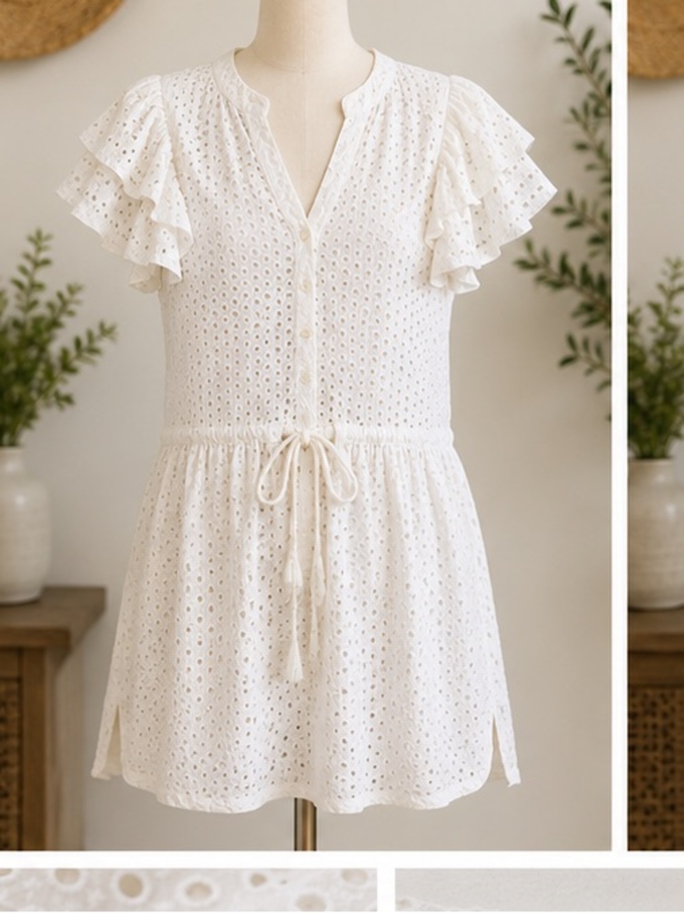 La Belle Île White Eyelet Cover Up Dress Ruffle Sleeve Boho Resort M